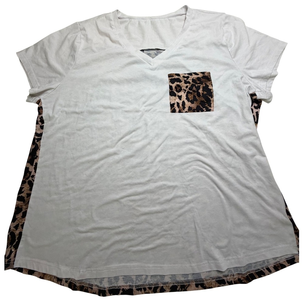 White Leopard Print Back V-Neck Pocket Tee Short Sleeve Top XXXL RD1456
